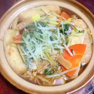 生姜でぽかぽか☆水菜とタラと油揚げの麺つゆ鍋。